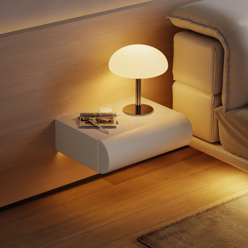 Table de chevet intelligente à LED 1 tiroir en cuir flottant Humply avec plateau en pierre frittée image de fenêtre