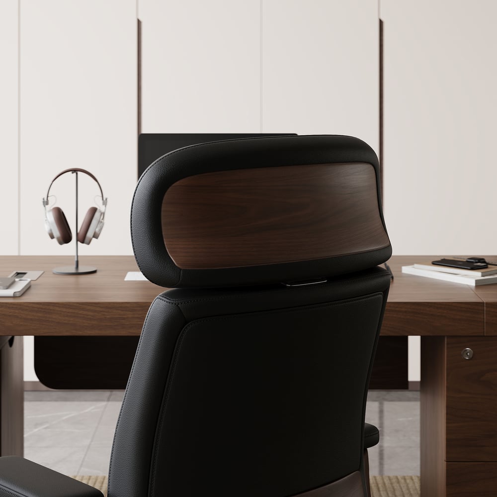 Black Genuine Leather Swivel Office Chair with Ergonomic Synchro-Tilt Recline System window image