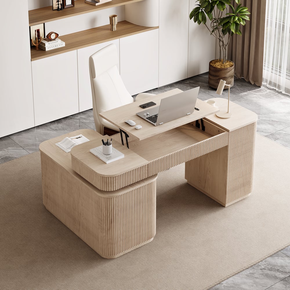 Velign 65" L-Shape Whitewash Executive Desk with Right-Side Cabinet window image