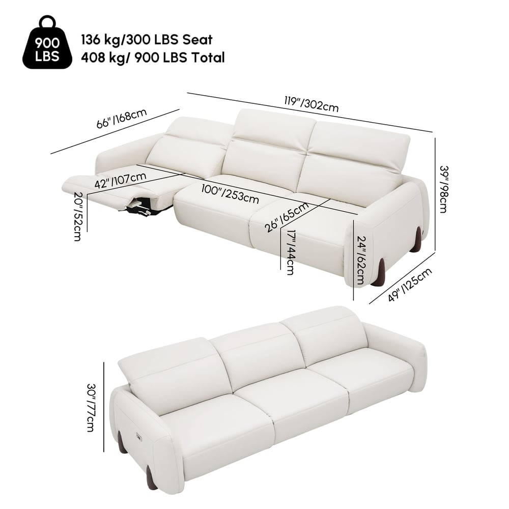 Curva 302cm Genuine Leather Power Reclining Sofa with Adjustable Headrests weights dimensions image