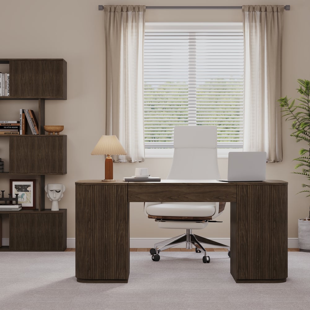 Velign 60" Walnut Standing Computer Desk with 2-Door Storage Cabinet window image