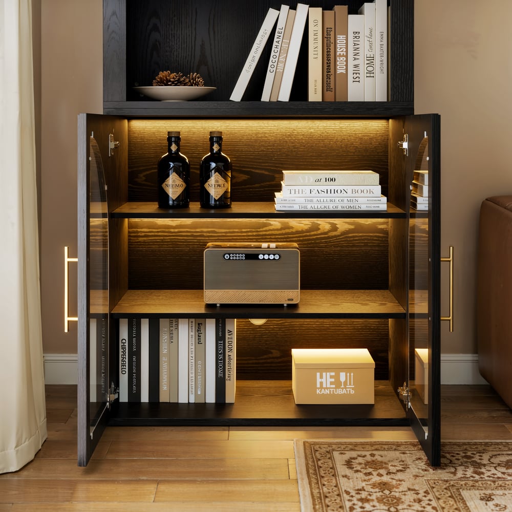 Arune Black Chest Bookcase with Storage Cabinet & LED Light window image
