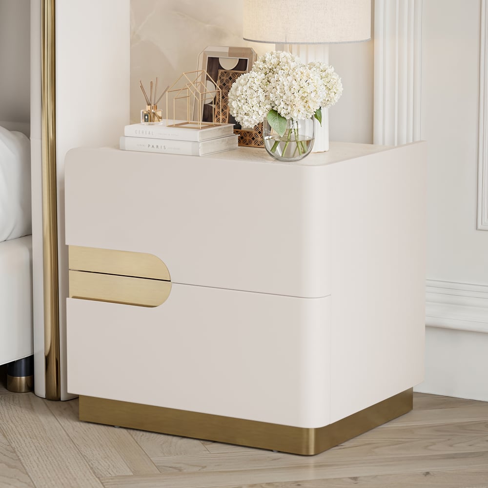 Table de chevet intelligente de 20" à 2 tiroirs avec plateau en pierre frittée et station de charge image de fenêtre