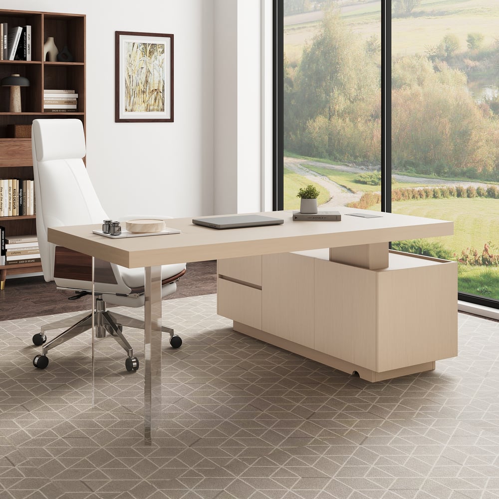 Modern 72" L-Shape Whitewash Standing Executive Desk with Lifter Desktop Left Hand window image