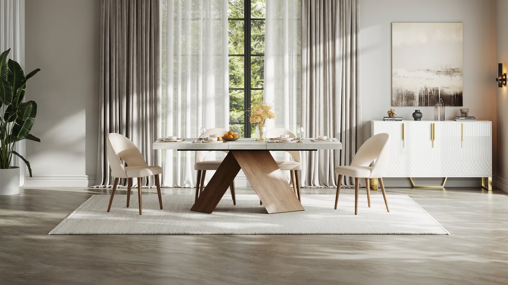 Juego de comedor Mesa de comedor de madera extensible de 160 a 200 cm con 6 sillas Imagen de ventana
