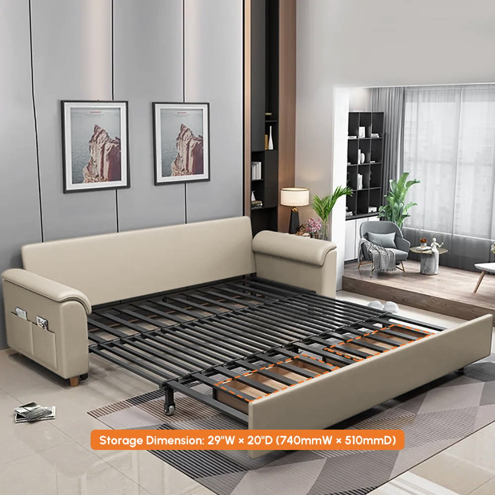 233cm King Faux Leather Pull-out Sleeper Sofa with Storage and Side Pockets window image