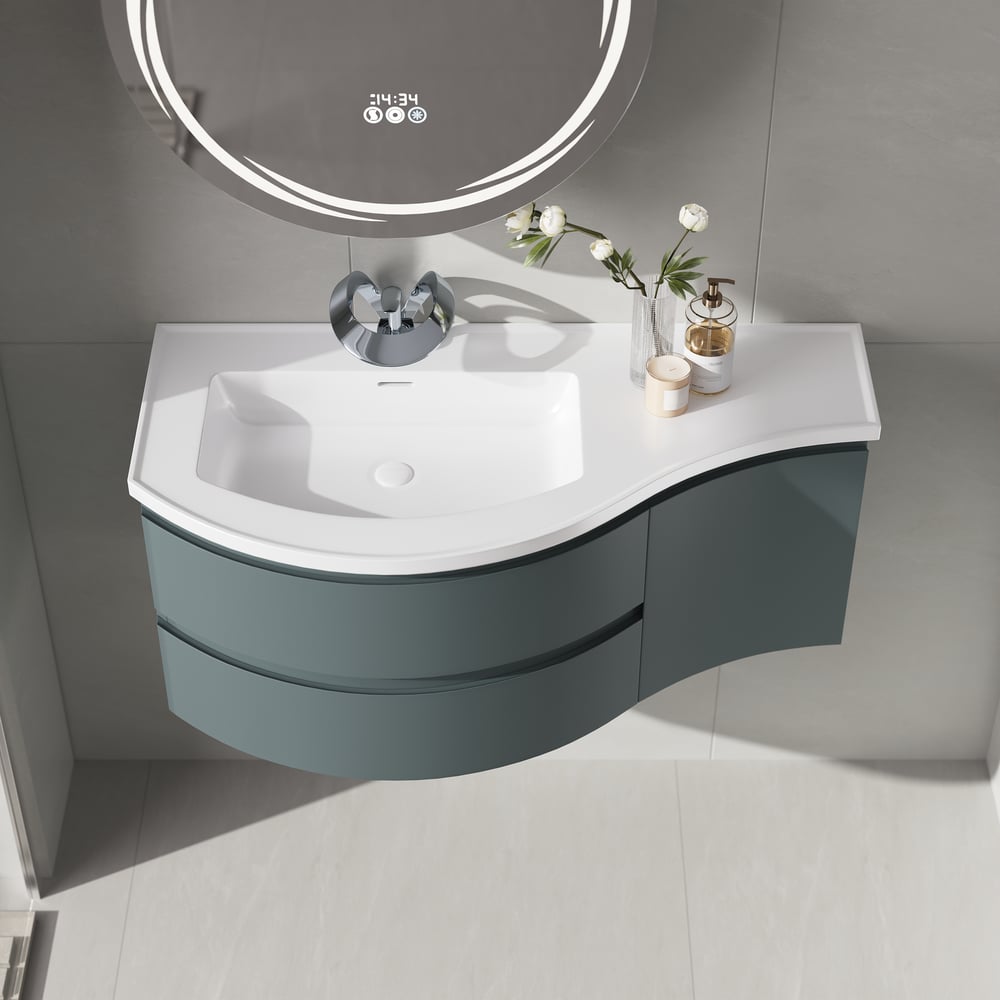 Floating Curved Bathroom Vanity & Round LED Medicine Cabinet Set Left Offset window image