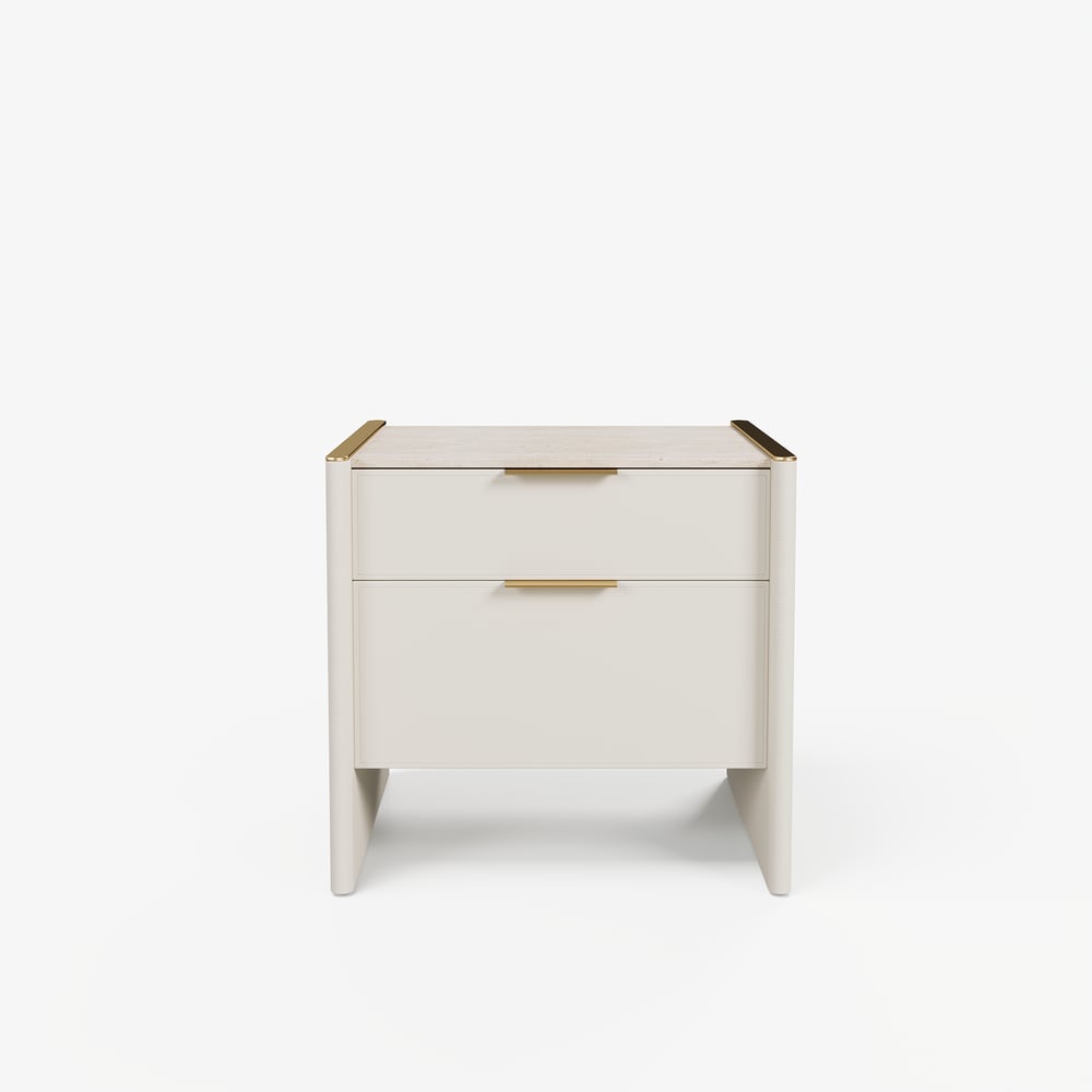 Modern Saddle Leather 2-Drawer Nightstand with Faux Travertine Stone Top window image