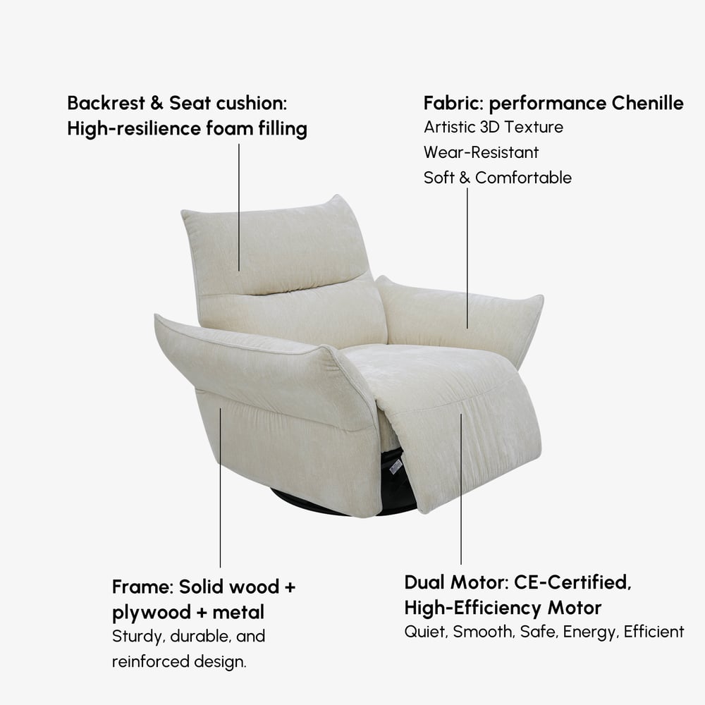 Performance Chenille Power Recliner Swivel Rocker Chair With Dual Motor & Adjustable Armrests window image