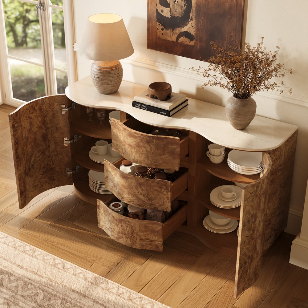 Modern 63" Burl Wood Sideboard with Sintered Stone Top window image