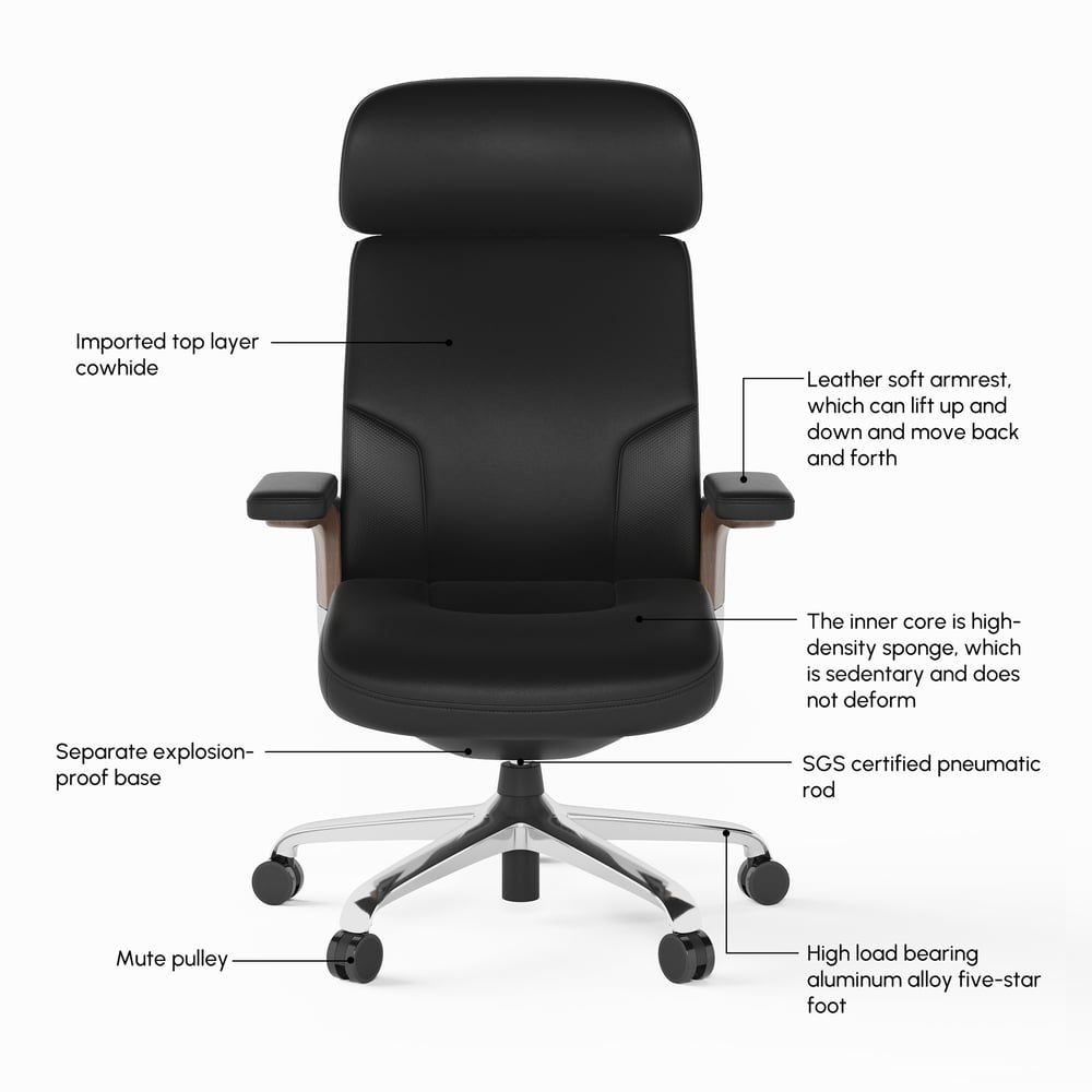 Black Genuine Leather Swivel Office Chair with Ergonomic Synchro-Tilt Recline System window image