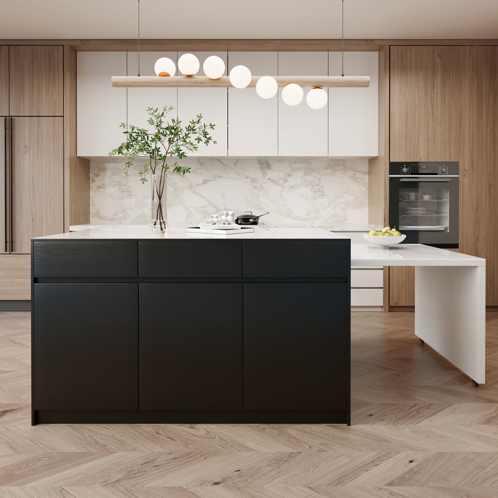 81"–112" Modern Extendable Glossy Sintered Stone Kitchen Island with Storage, White & Black window image