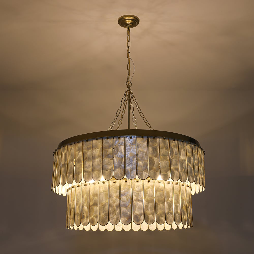 Enseo Coastal 8-Light Capiz Shell 2-Tiered Faceted Chandelier Pendant Light Gold White window image