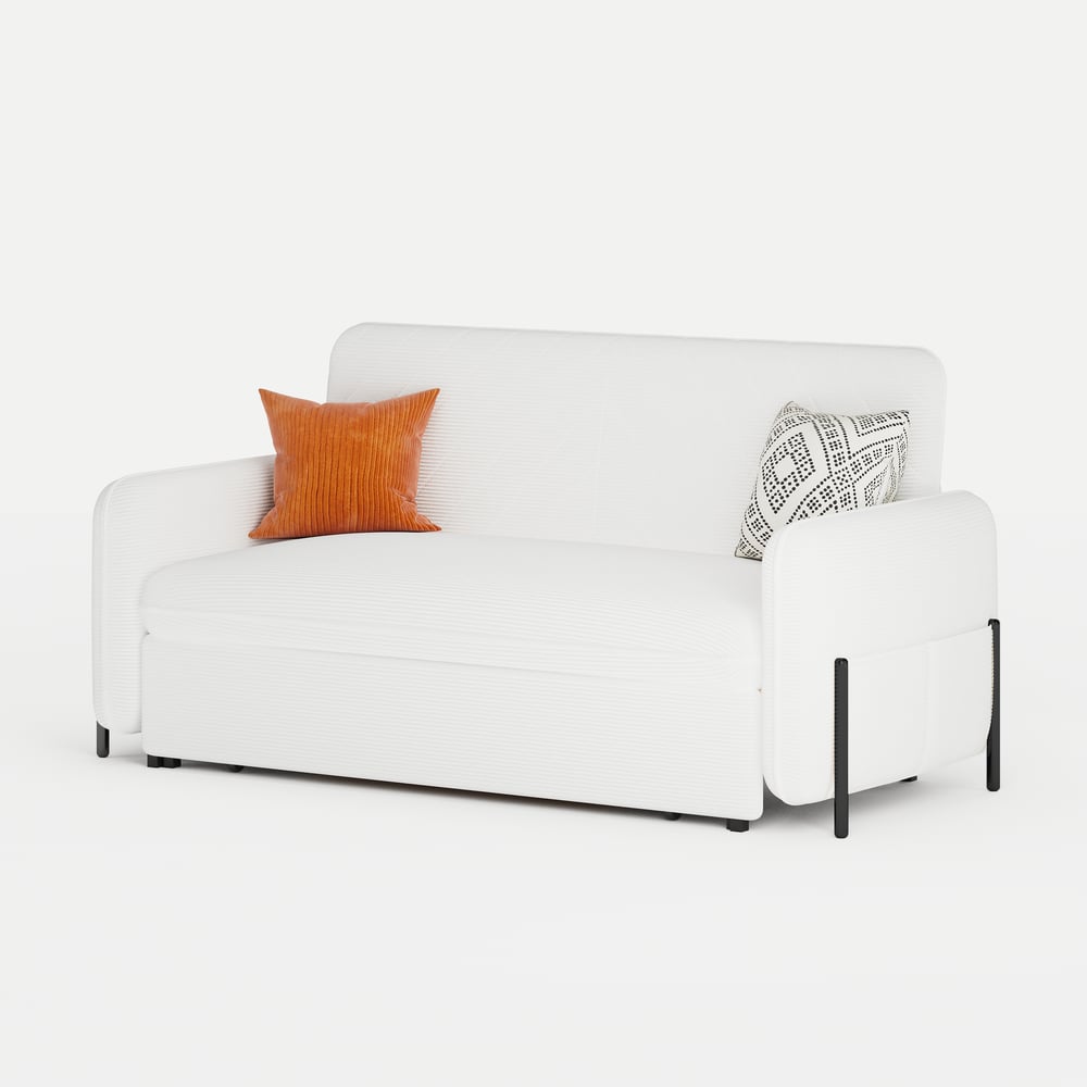 Canapé convertible lit 172 cm 2 places velours côtelé blanc avec rangement et coussins image de fenêtre
