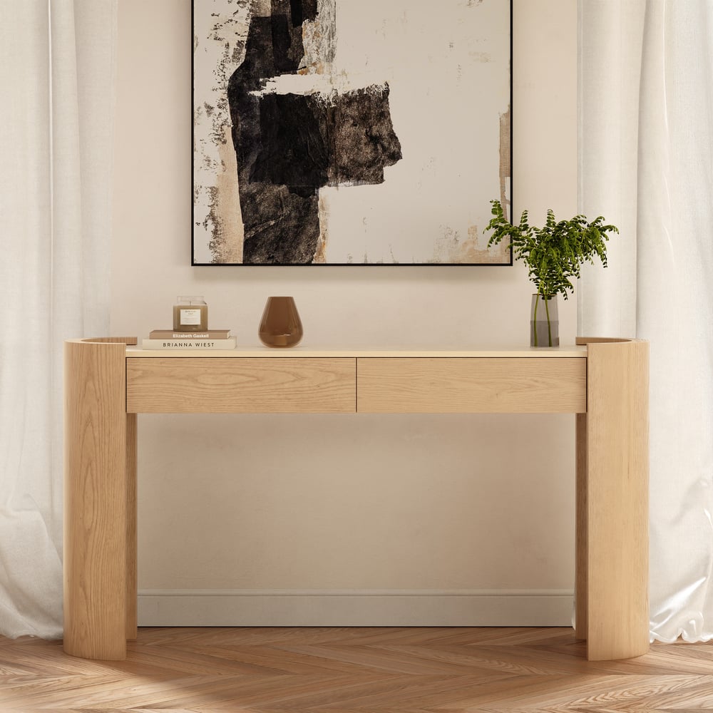 Japandi 60" Oval Sintered Stone Console Table With 2 Drawers window image
