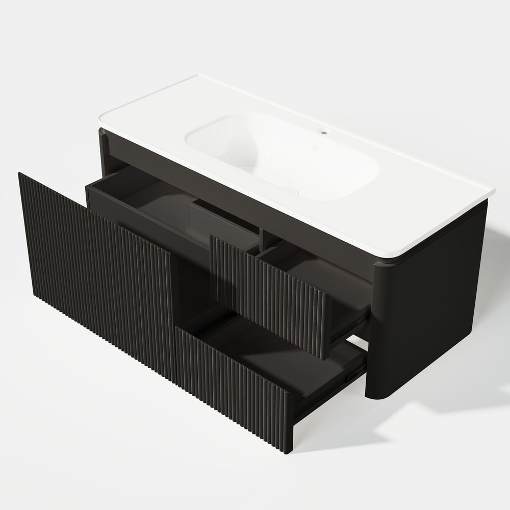 Mueble de baño flotante moderno de 120 cm con lavabo, LED suave, amplio almacenamiento Imagen de ventana