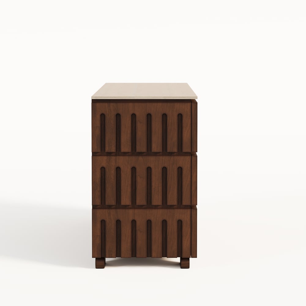 Commode moderne de 47 po en bois de frêne à 6 tiroirs avec dessus en pierre frittée imitation travertin image de fenêtre