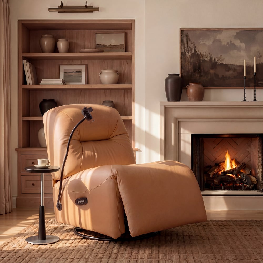 Leather Power Swivel Rocker Recliner Accent Chair with Phone Holder window image