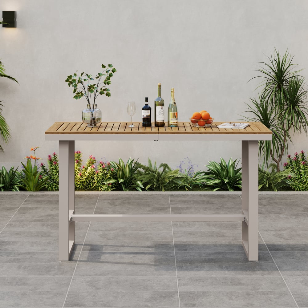 Tevara Outdoor Teak Wood Slat Top & Sand Aluminum Frame Bar Table for Patio window image