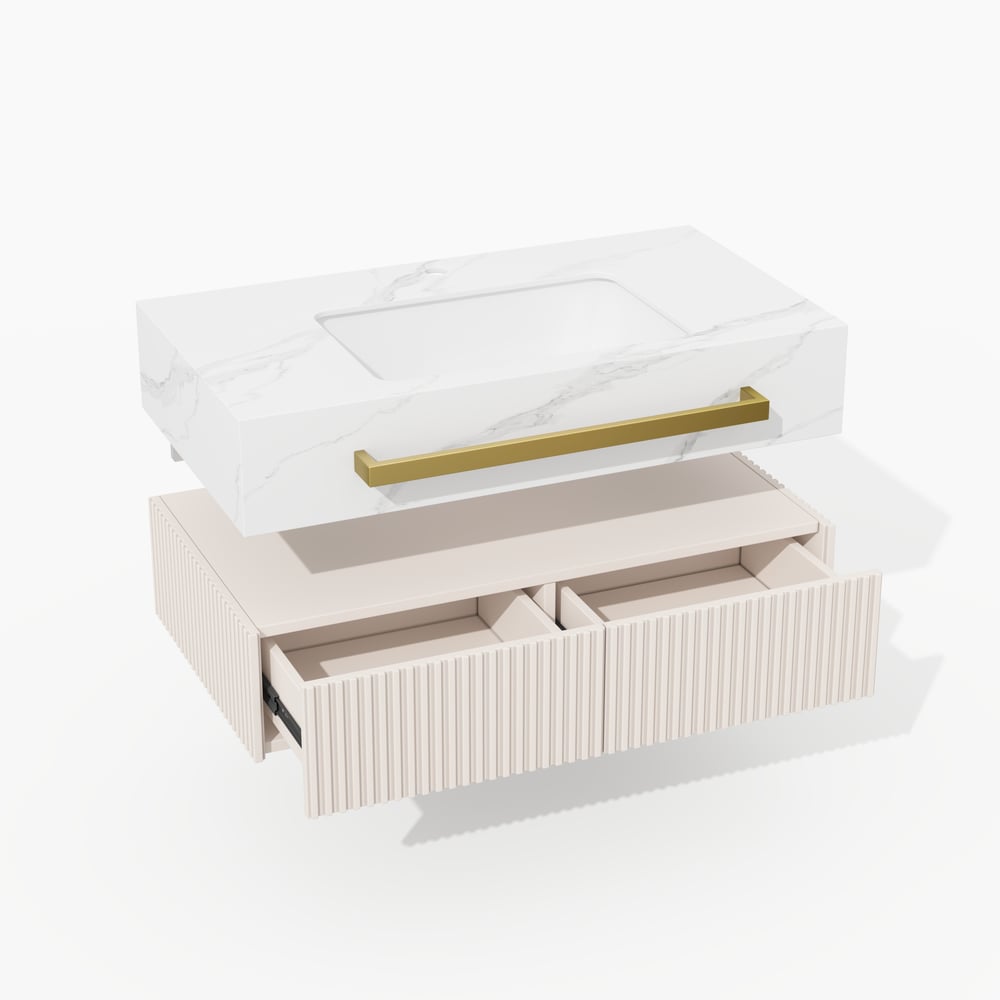 Mueble de baño flotante de 91 cm (36") con doble lavabo, encimera de piedra sinterizada, toallero dorado Imagen de ventana