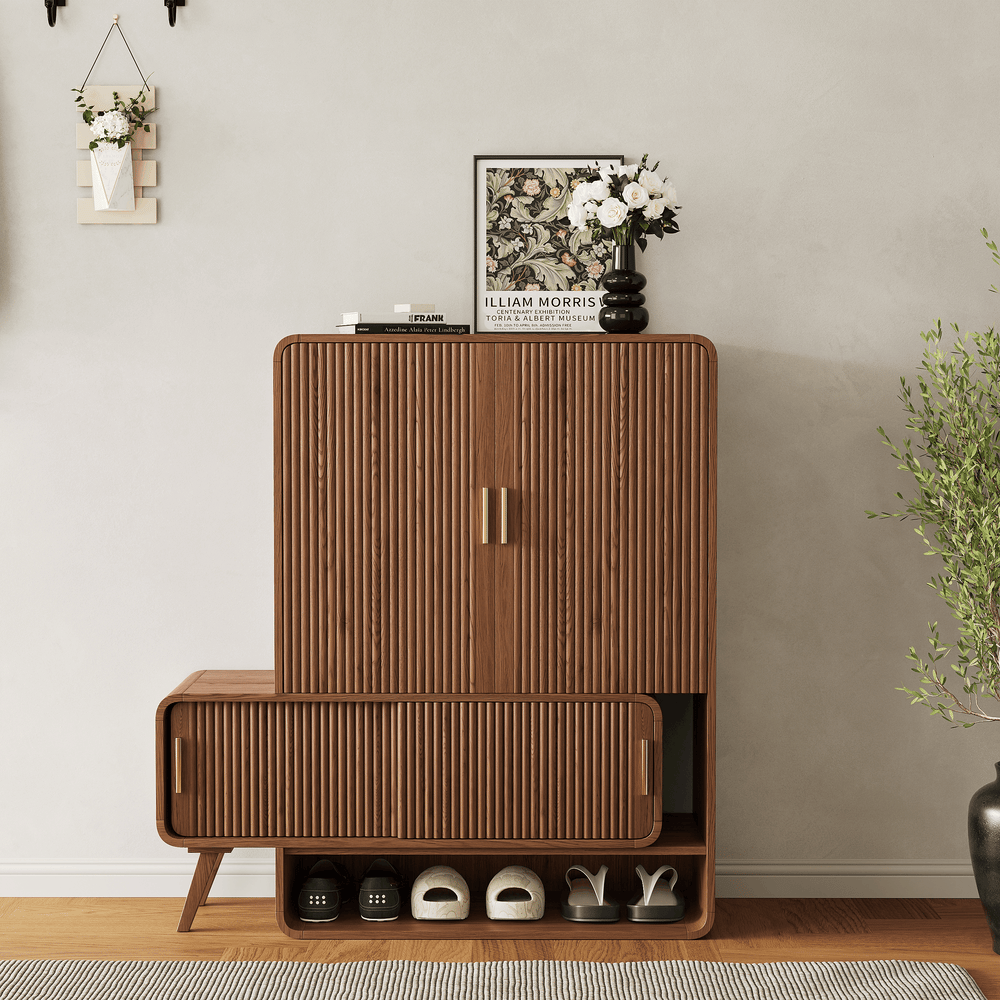 37" Ash Wood Veneer Fluted Shoe Storage Entryway Cabinet, Left Hand window image