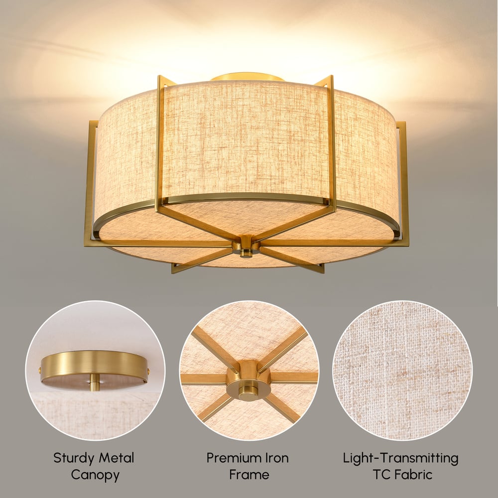 18" Linen Flush Mount Light in Gold Finish, 3-Light window image