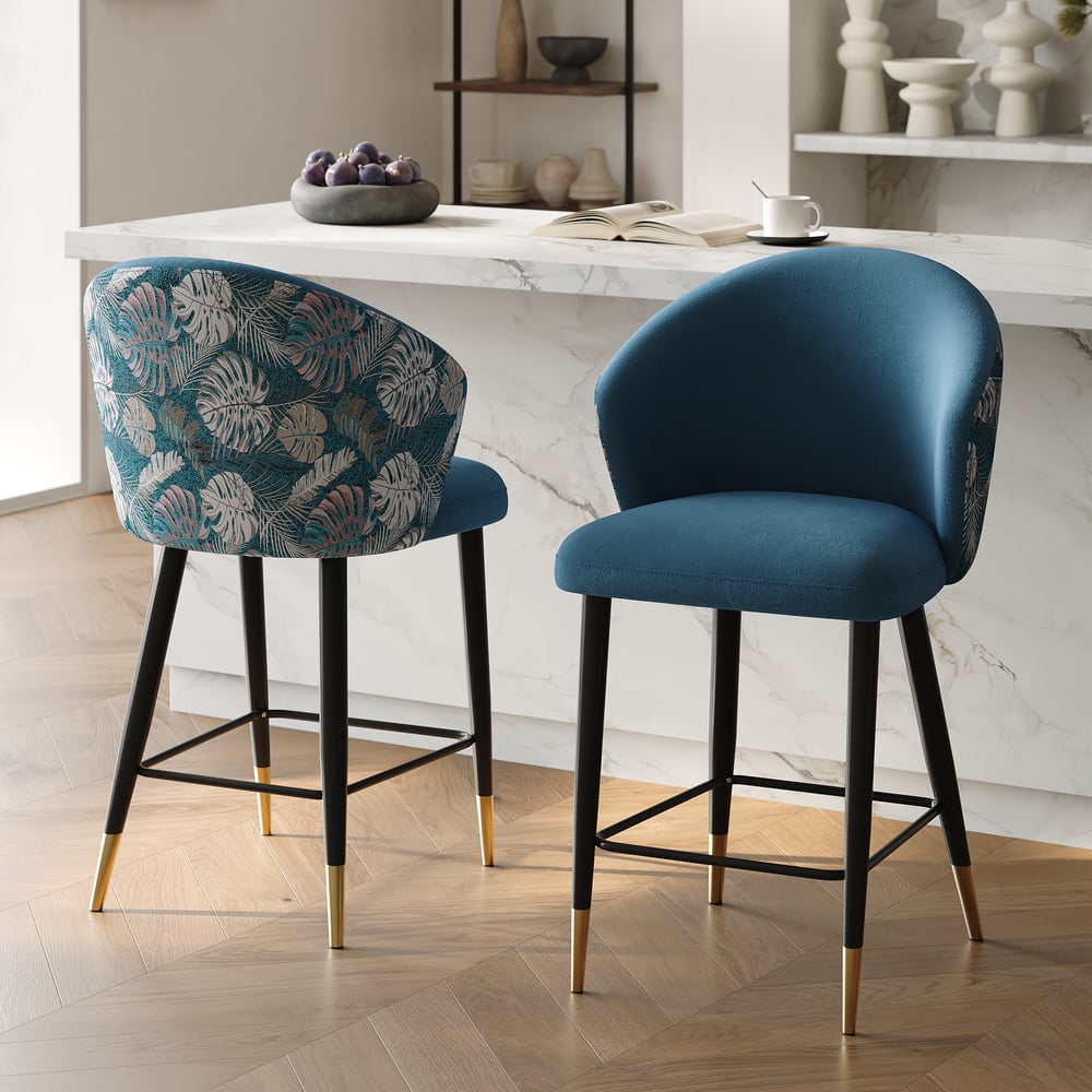 Modern Blue Velvet Counter Stool with Upholstered, 1 Piece window image