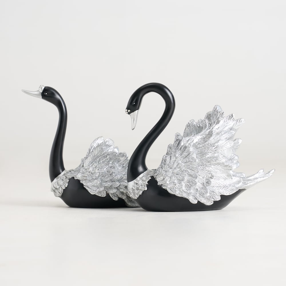 2-Piece Resin Swan Figurines – Elegant Black & Silver Swan Decorative Storage Set window image