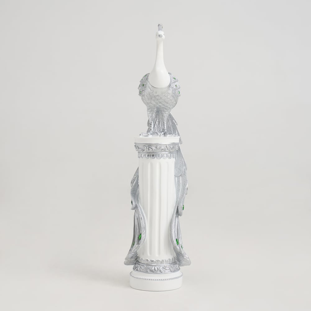 27.6" Srebrna Statua Pawia z Diamentowymi Akcentami – Luksusowa Rzeźba Pawia z Żywicy obraz okna