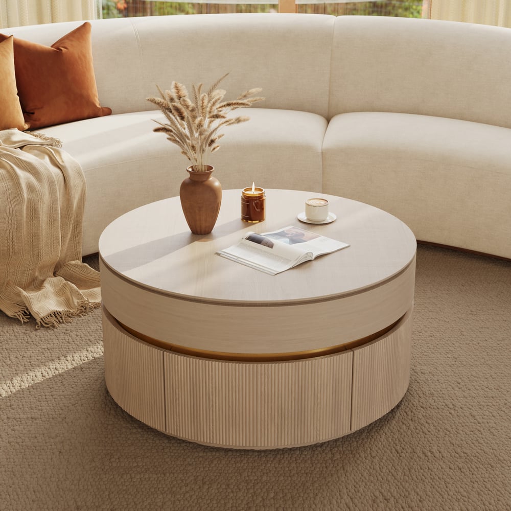 Table basse ronde à plateau relevable cannelé de 32 pouces avec 2 tiroirs image de fenêtre