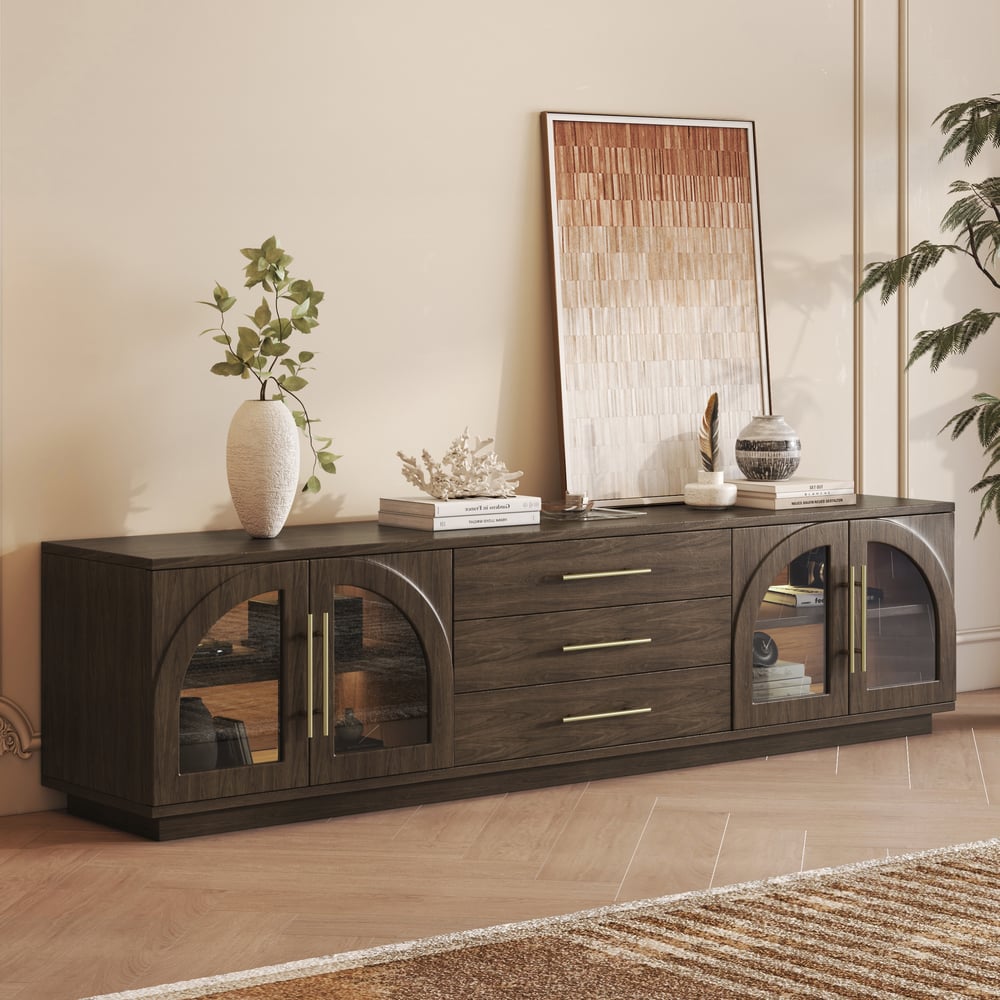 Arune 80" Arched Glass Doors Smoked Brown TV Stand with Storage and LED window image