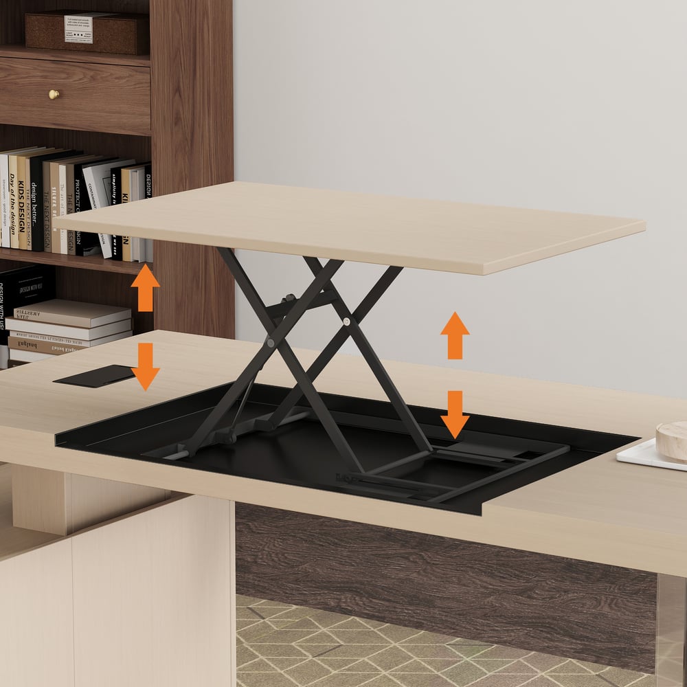 Modern 72" L-Shape Whitewash Standing Executive Desk with Lifter Desktop Left Hand window image