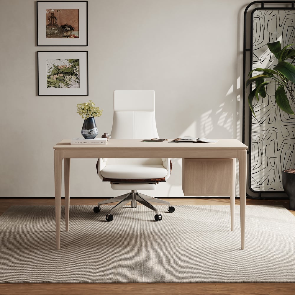 Mid-century Style Whitewash Ash Wood Home Office Desk with 3 Drawers (55.1") window image