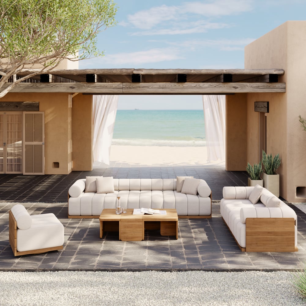 Resaro Teak Wood Deep-Seat 3-Seater Outdoor Sofa Warm White window image