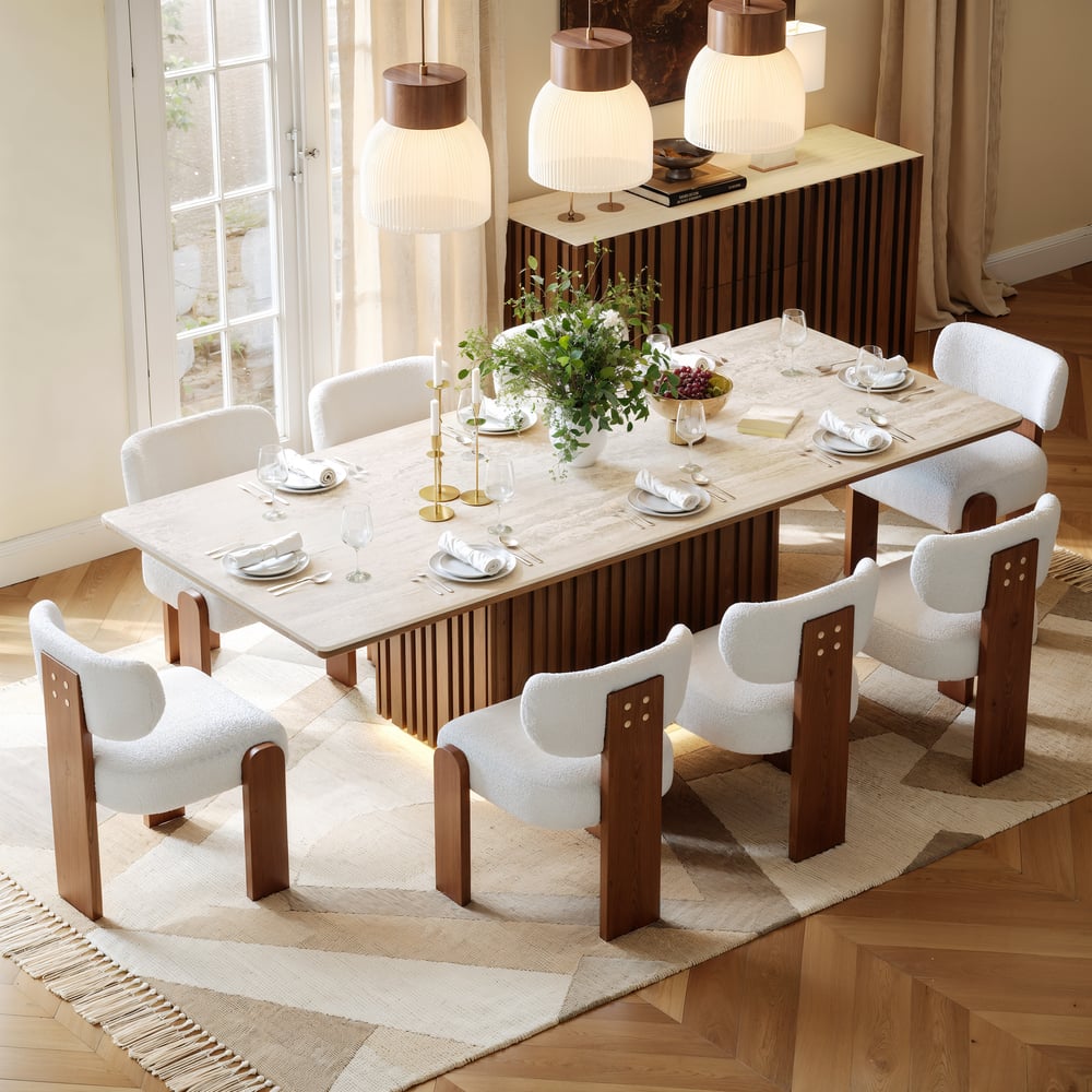 84" Faux Travertine Rectangular Dining Table with Sintered Stone Top, Seat 8 window image