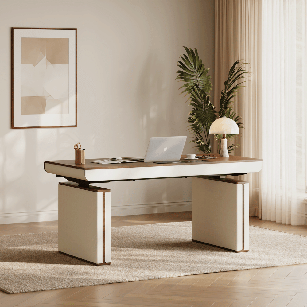 160 cm Height Adjustable Electric Standing Desk with Walnut Top and Leather-Wrapped Legs window image