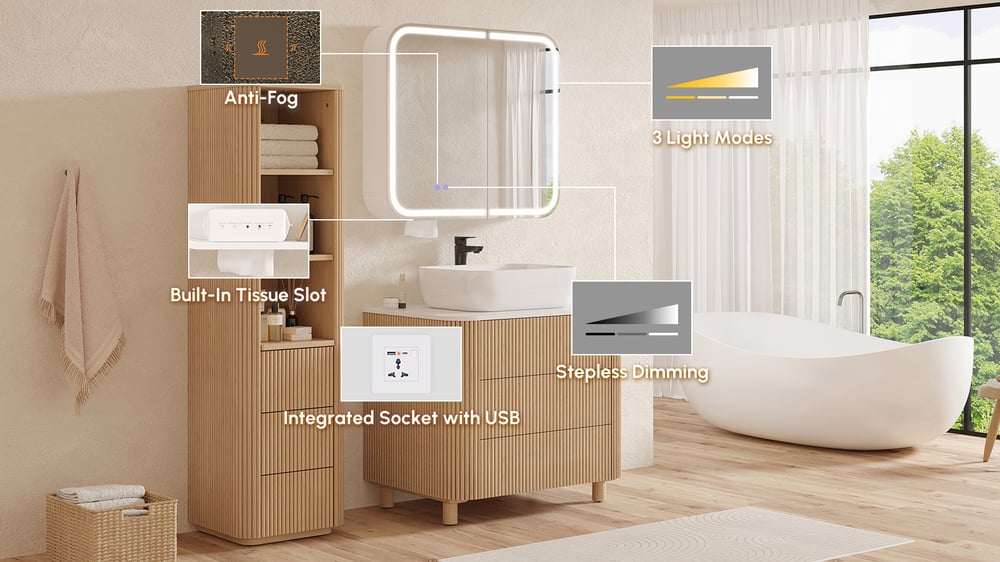 31" LED Bathroom Mirror Cabinet with Defogger, 3-Color Light, Tissue Slot window image