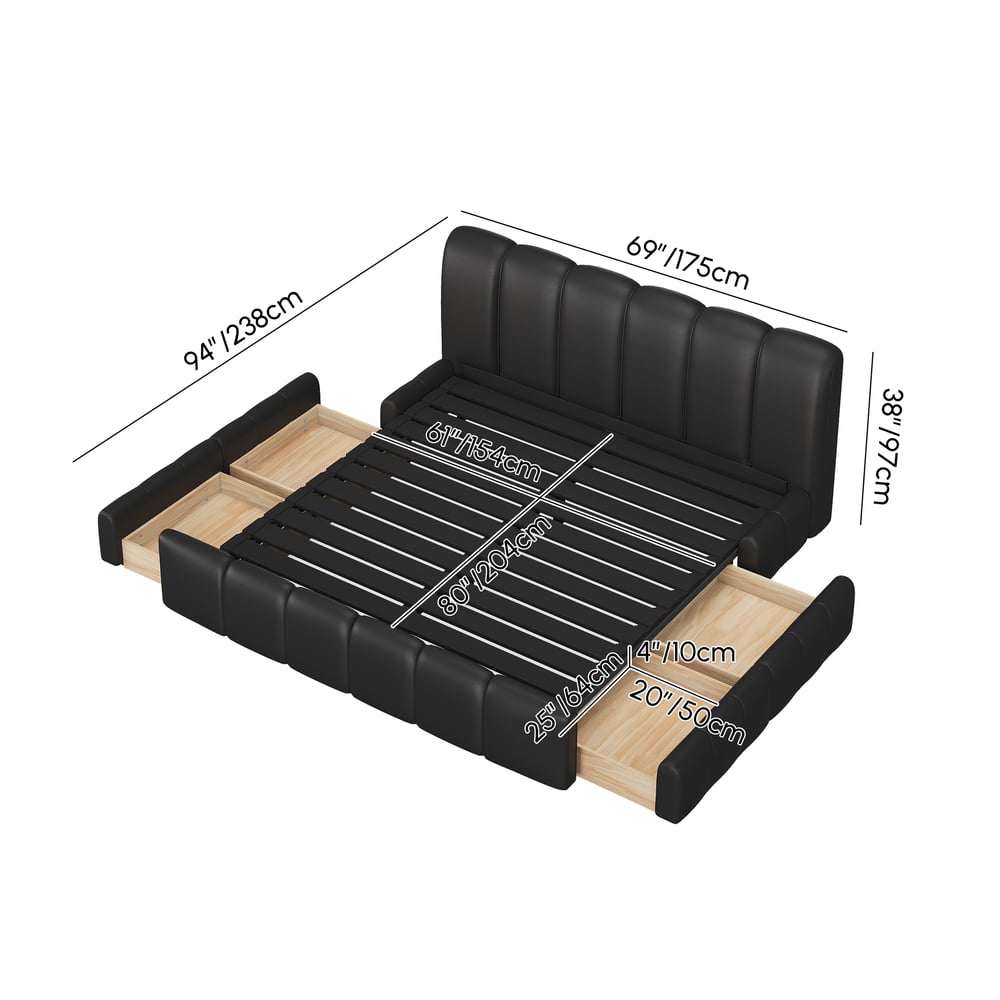 Humply Queen Black Faux Leather Storage Bed with Drawers weights dimensions image
