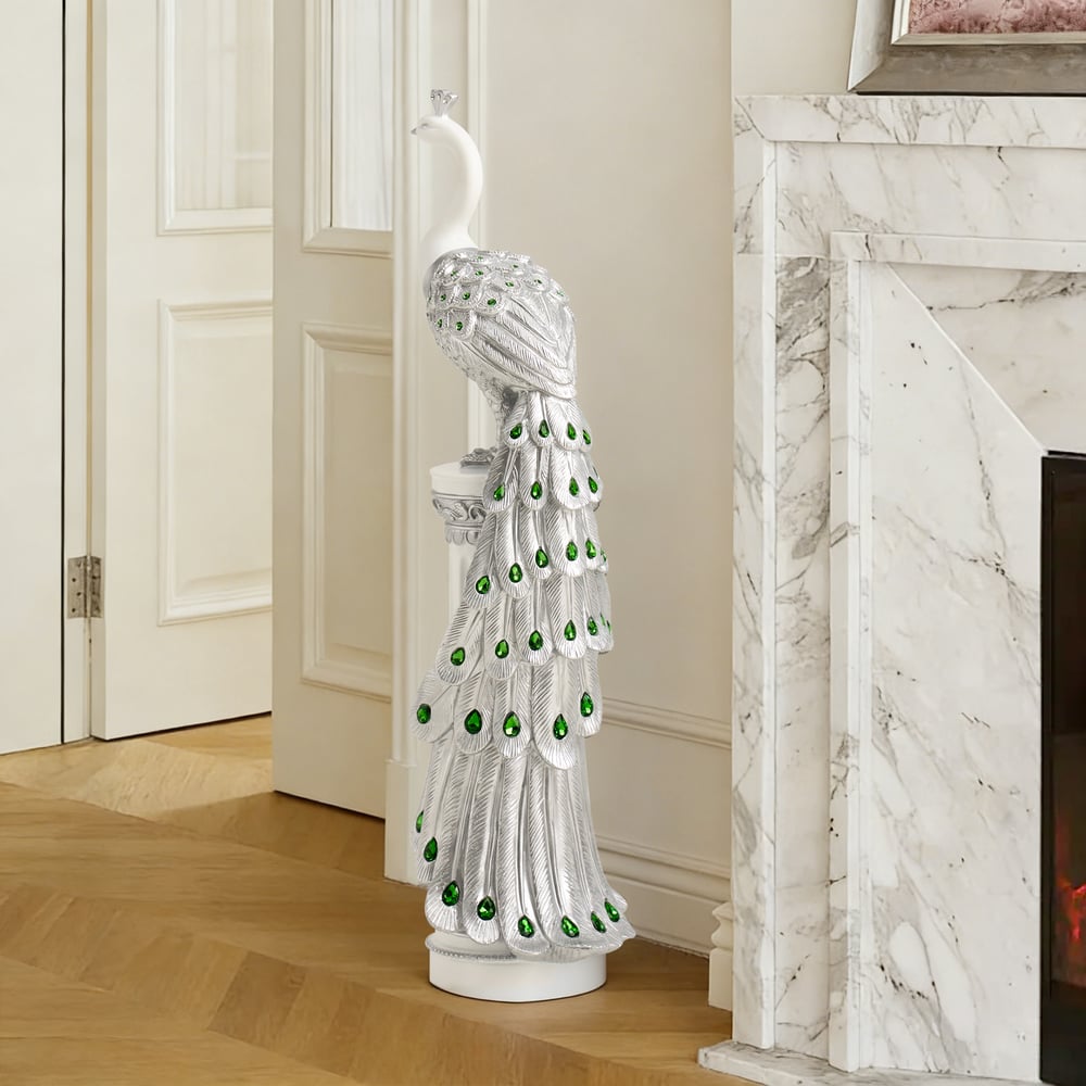 27.6" Srebrna Statua Pawia z Diamentowymi Akcentami – Luksusowa Rzeźba Pawia z Żywicy obraz okna