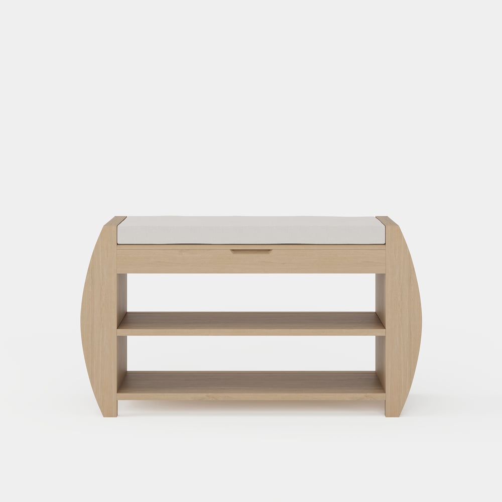 Banc d'entrée de rangement pour chaussures en placage de bois blanchi de 32 pouces avec porte-chaussures image de fenêtre