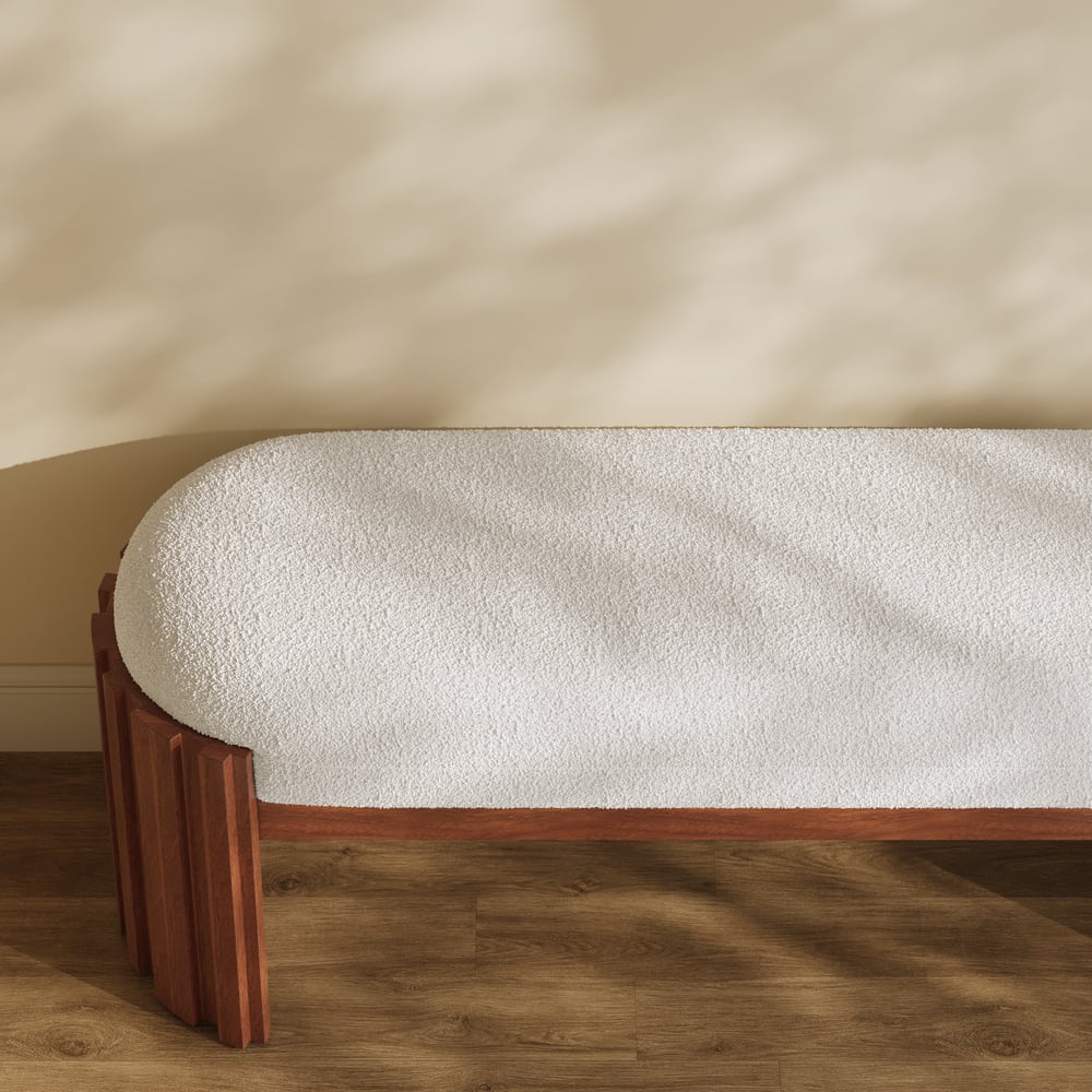 Aura 47” Walnut Wooden Boucle Upholstered Entryway Bench window image