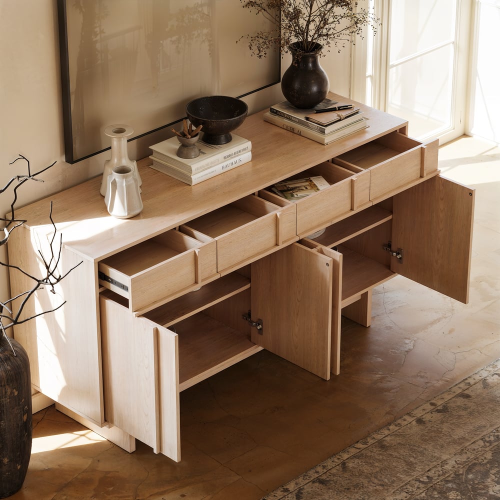 Mid Century Modern 60" Natural Wood Sideboard with Storage & Adjustable Shelves window image