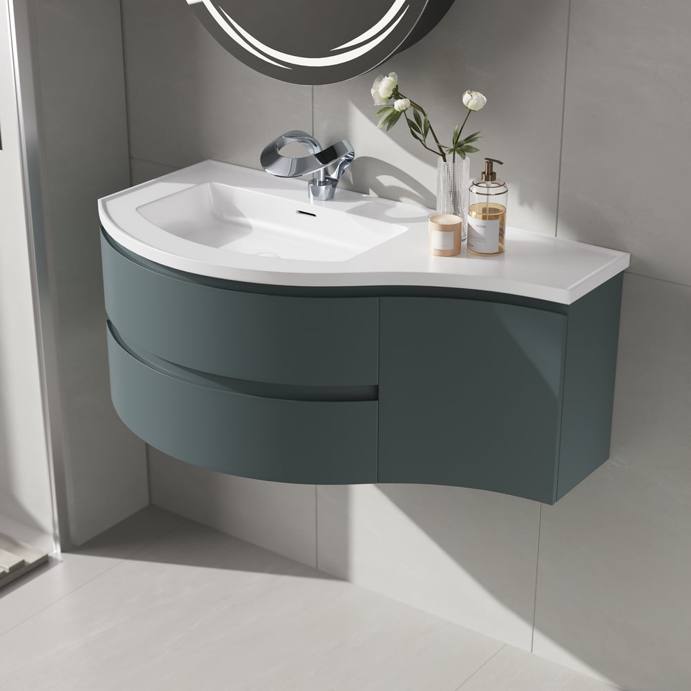 Floating Curved Bathroom Vanity & Round LED Medicine Cabinet Set Left Offset window image