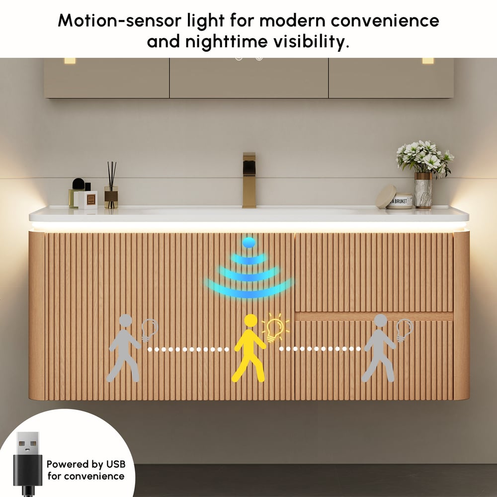 Moderní 119 cm plovoucí rýhovaná koupelnová skříňka s umyvadlem, měkkým LED osvětlením a dostatkem úložného prostoru obrázek okna