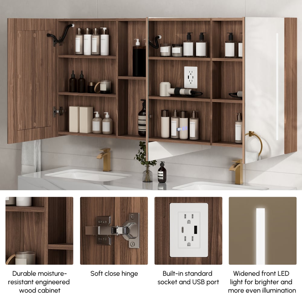 59" LED Bathroom Medicine Cabinet with Anti-Fog, Dimmable Tri-Color Lighting window image