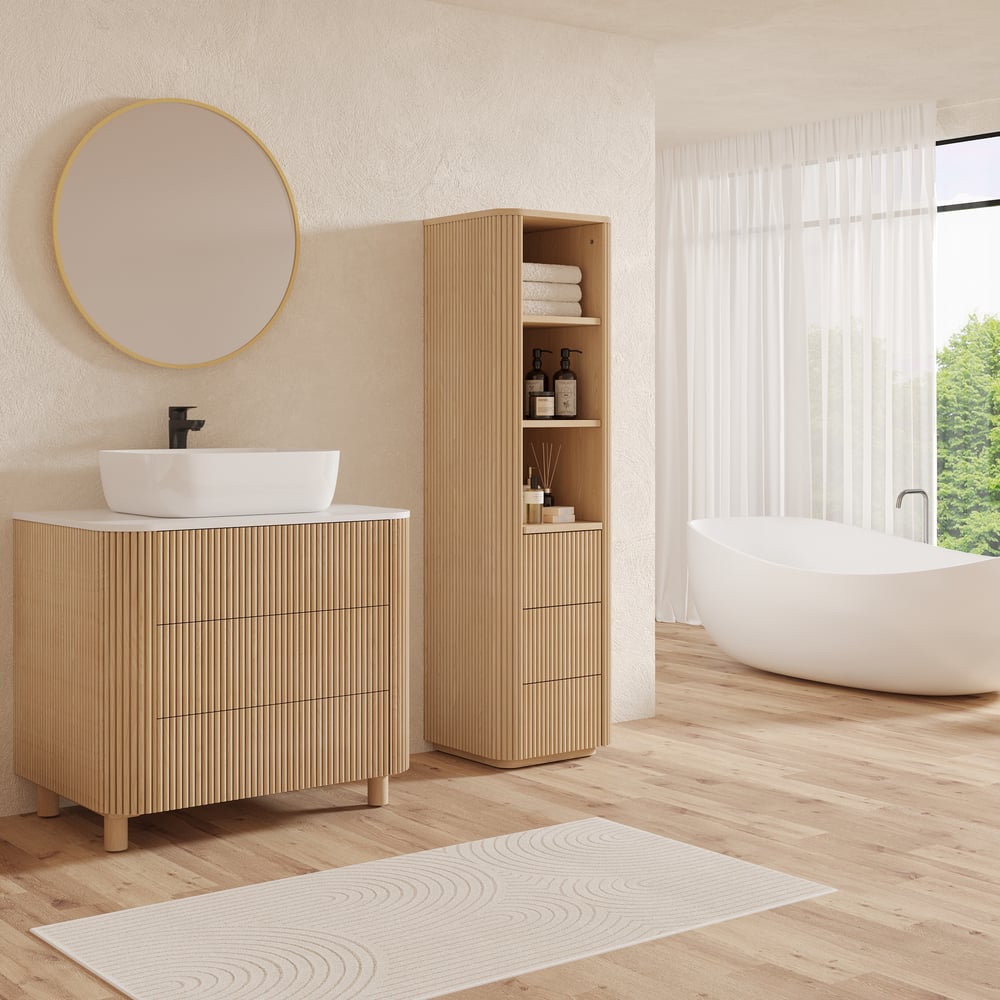 Fluted 58" Bathroom Linen Cabinet with 3 Drawers and Open Shelves window image