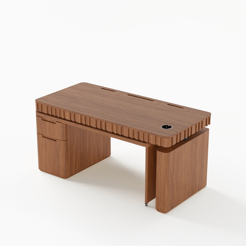 Aura 63" Walnut Flutted 360-Degree Rotating Desk Electric Adjustable Standing Desk window image
