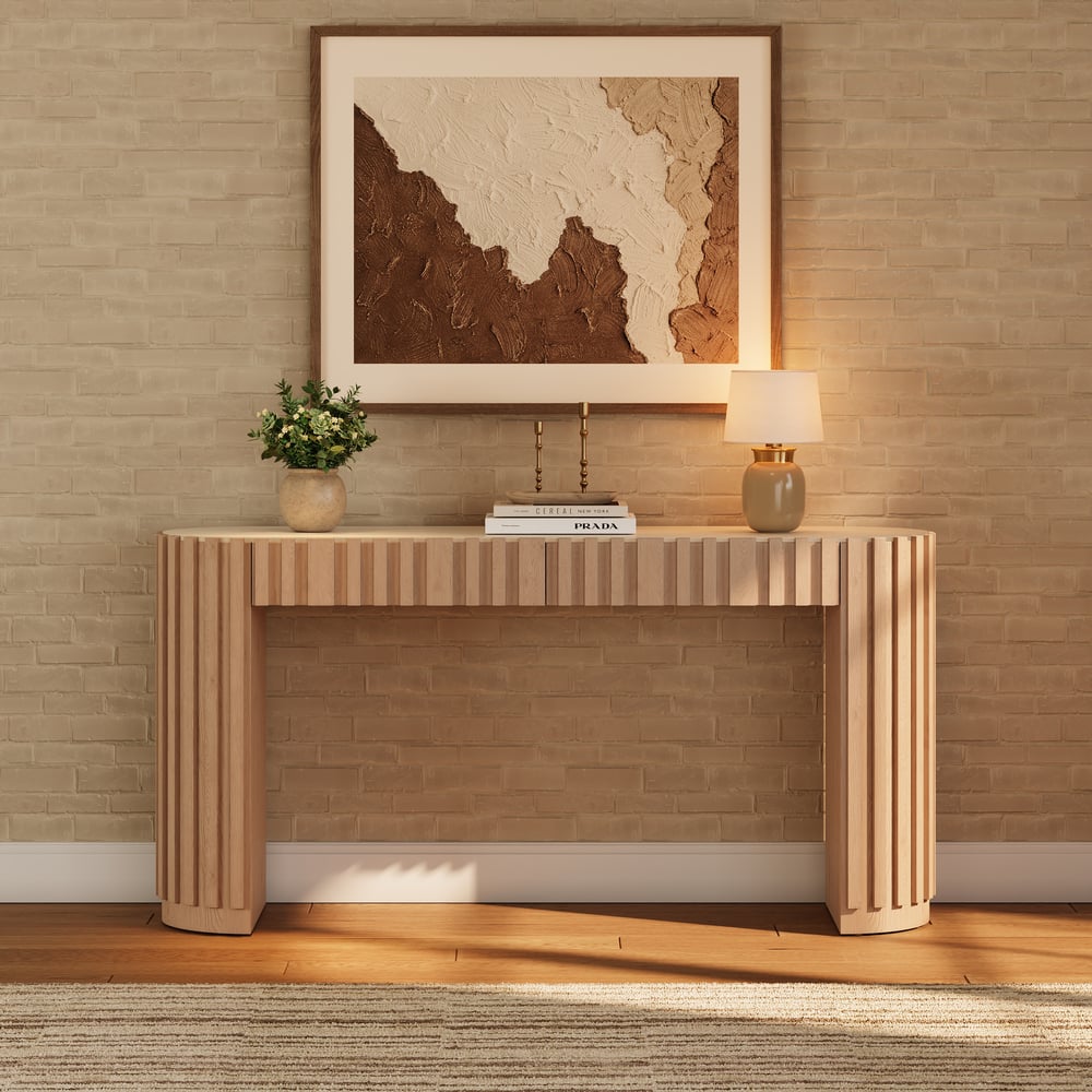 Aura 60" Ash Wood Fluted Natural Console Table With Sintered Stone Top window image
