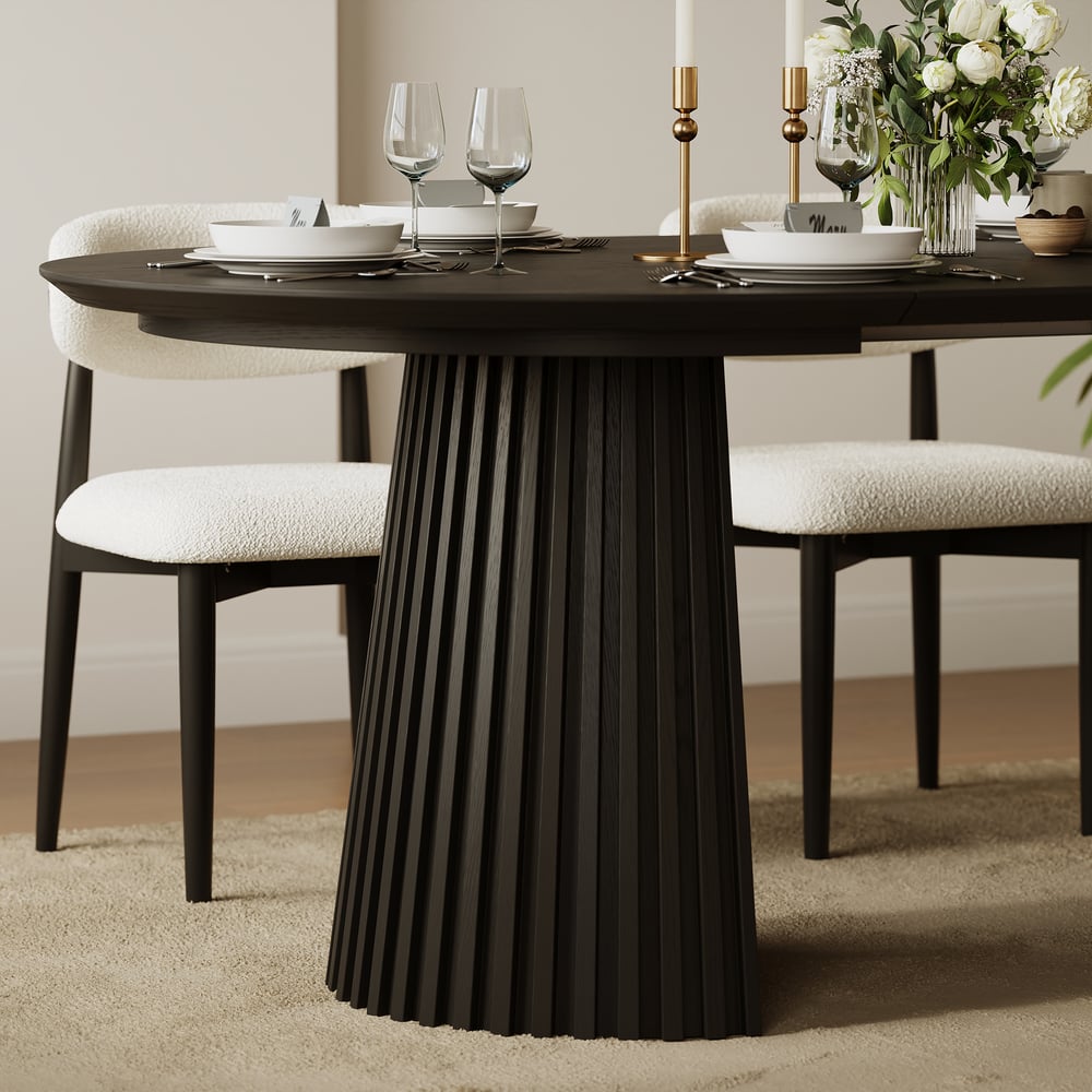 Modern 47"-79" Extendable Black Wood Dining Table with Fluted Base, Seats 4-6 window image
