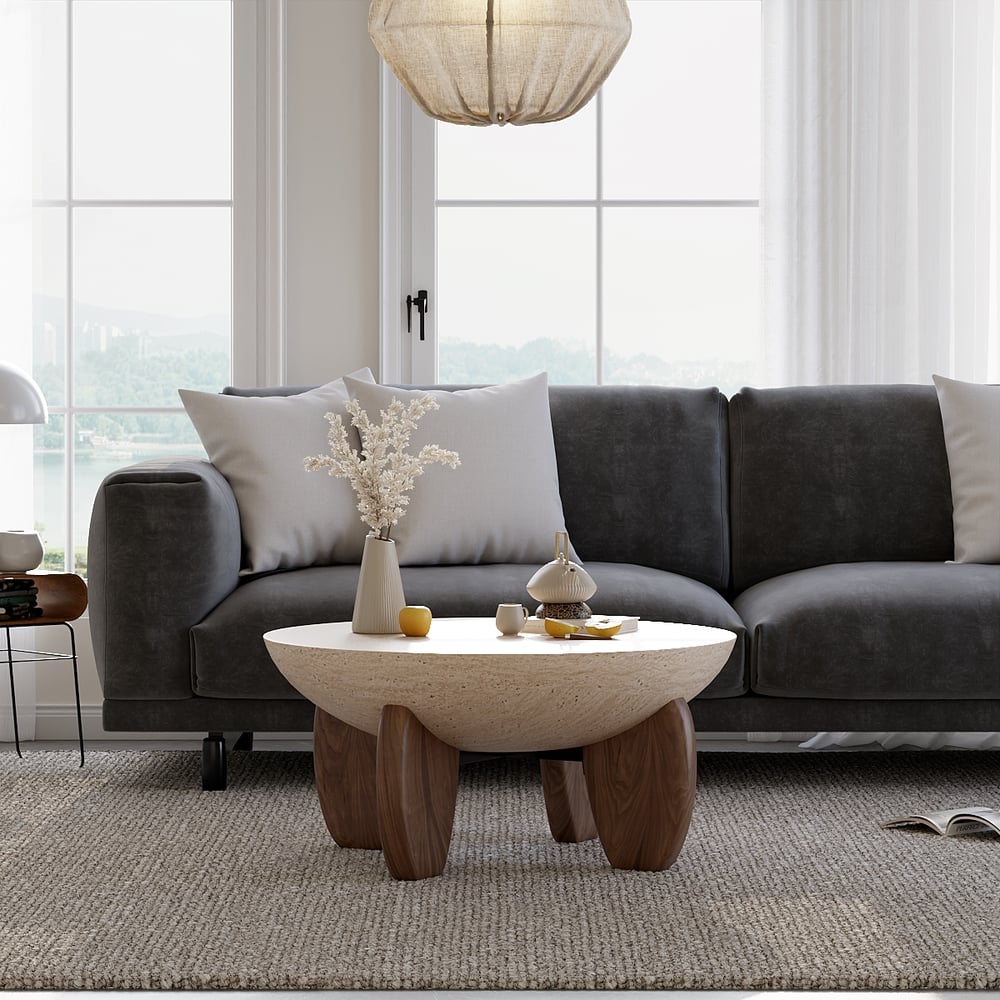 Table Basse Curva 76 cm Ronde en Béton Noyer avec Pieds en Bois image de fenêtre